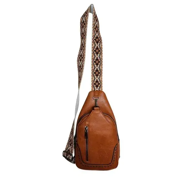 Sam & Hadley Vegan Leather Macrame Guitar Strap Embellished Crossbody Sling Bag - Picture 2 of 10